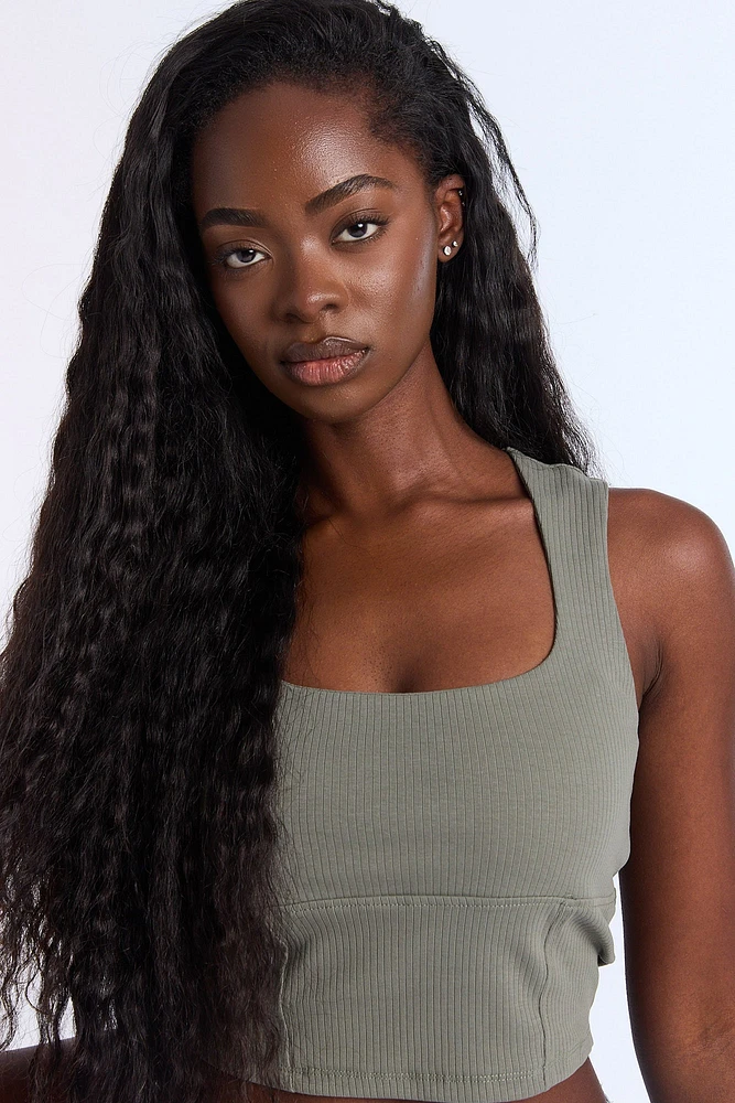 Ribbed Knit Square Neck Corset Tank Top