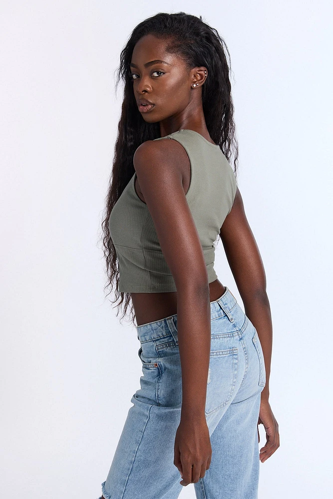 Ribbed Knit Square Neck Corset Tank Top