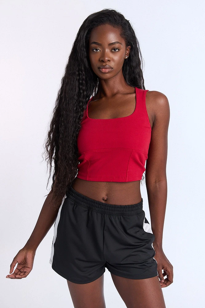 Ribbed Knit Square Neck Corset Tank Top