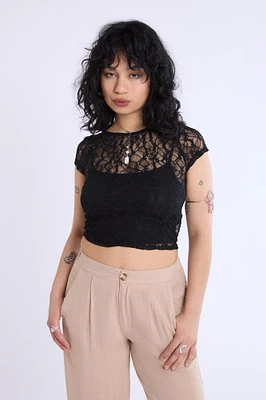 Lace Cap Sleeve Cropped Top