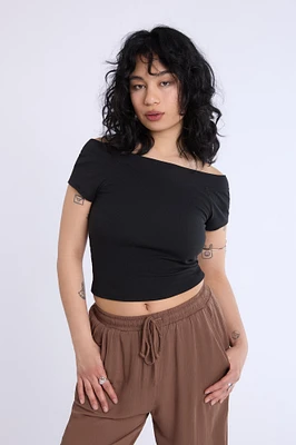 Short Sleeved Off Shoulder Ribbed Knit Top