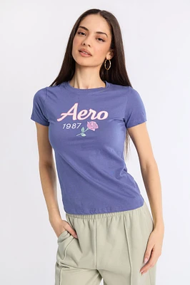 T-shirt coupe classique rose brodé AERO