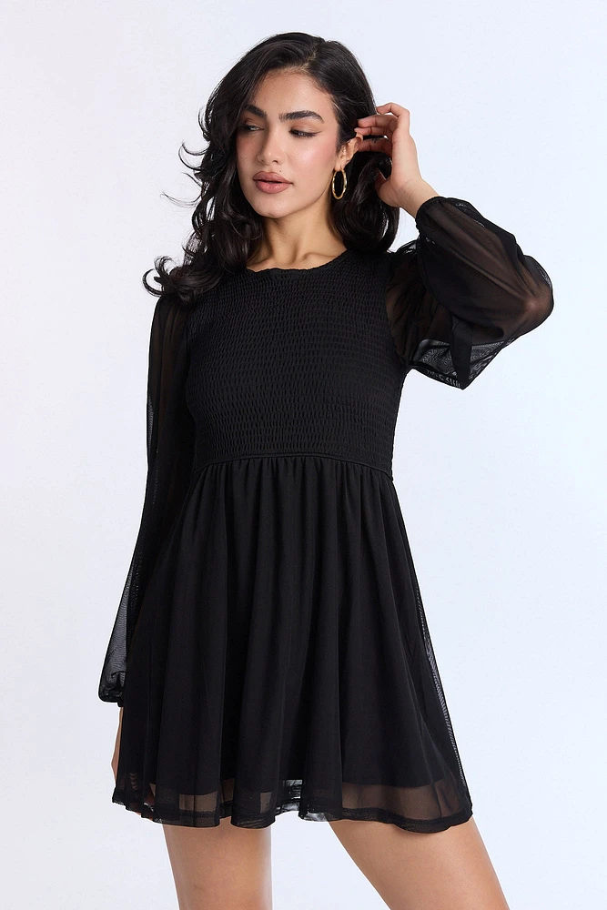 Robe courte à smocks manches longues AERO