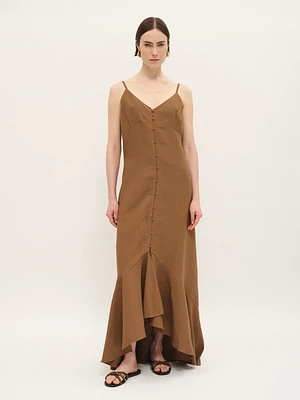 Robe longue boutonnée en lin mélangé