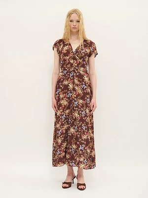 Floral Cap-Sleeve Midi Dress Burgundy Bloom