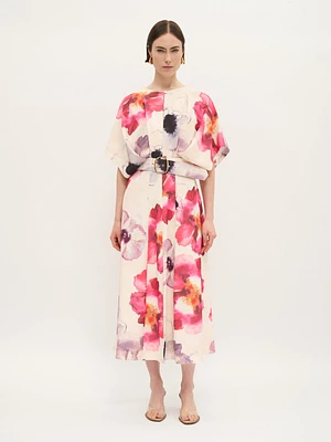 Watercolor Poppy Belted Midi Dress