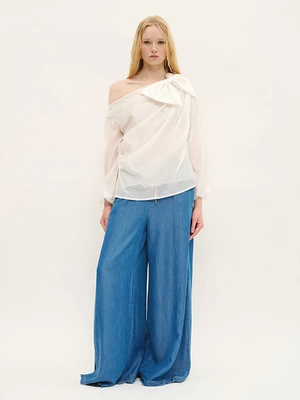 Asymmetric Off-Shoulder Blouse with Bow Detail