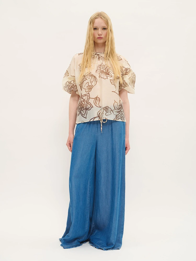 Printed Blouse with Gathered Neckline