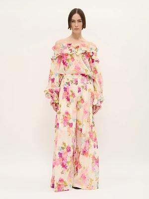 Pantalon large à fleurs en voile de coton
