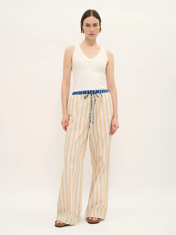 Pantalon rayé en coton avec cordon de serrage et ceinture contrastée
