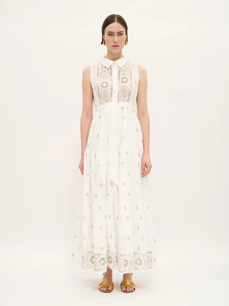 Robe longue en coton brodée sans manches