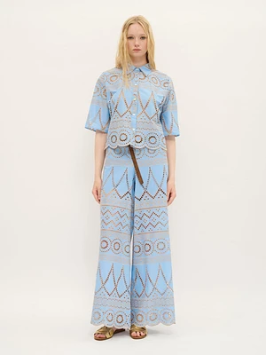 Embroidered Eyelet Cotton Blouse Sky Blue