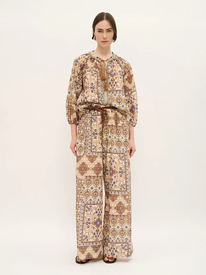 Wide-Leg Cotton Pants Tile Patch Print