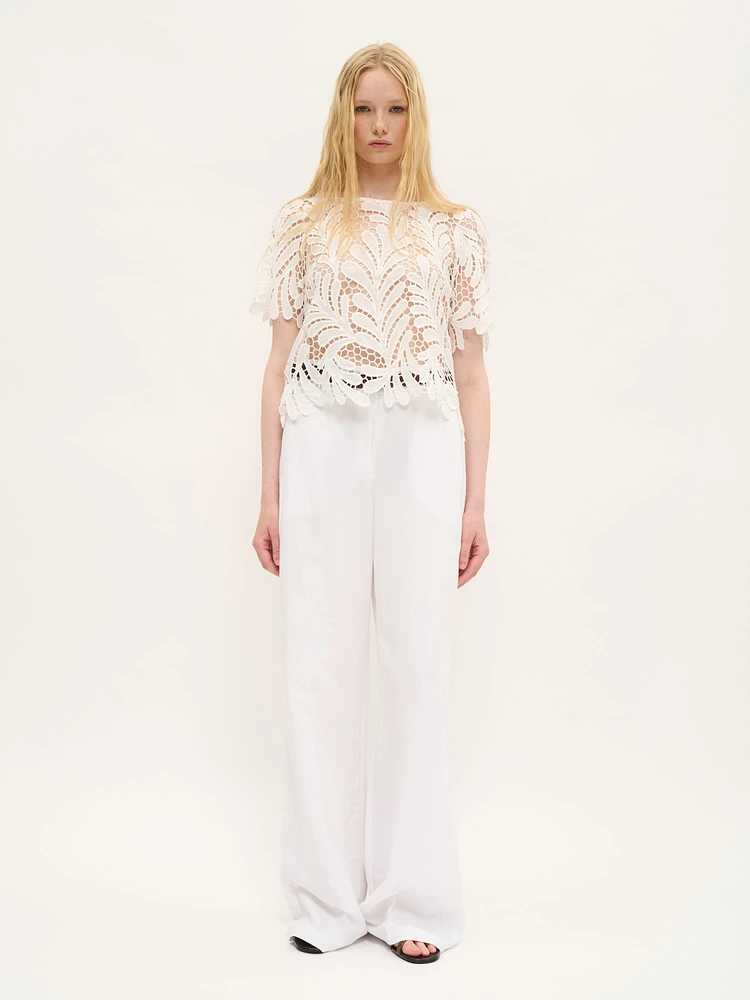 Haut en coton brodé de feuilles blanc
