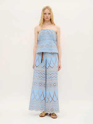 Haut bustier brodé à œillets en coton bleu ciel