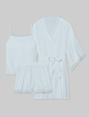 Women's Second Skin Luxe Rib Lace Cami, Short & Robe Set