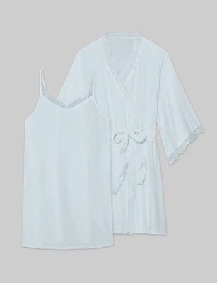 Women's Second Skin Luxe Rib Lace Chemise & Robe Set