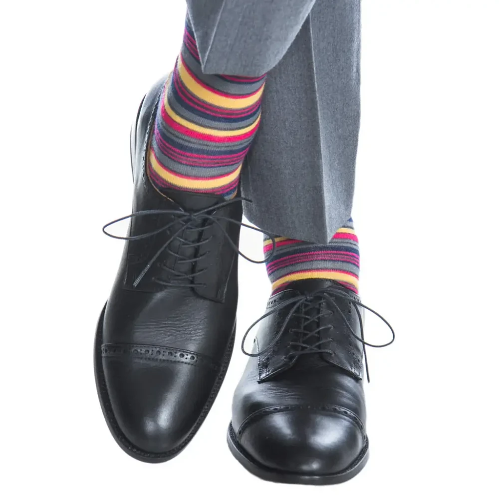 Dapper Classics - Charcoal, Magenta, Saffron, Cream, and Gray Variegated Stripe - Merino Wool - Over The Calf