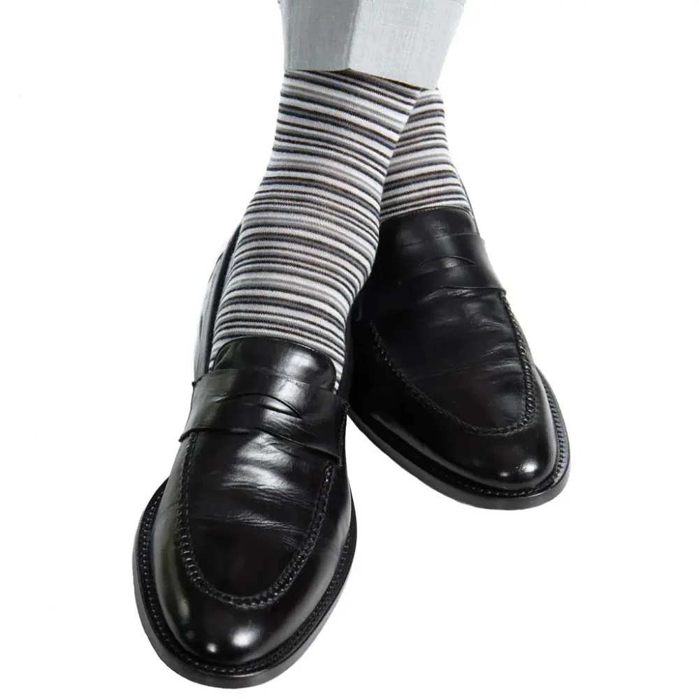 Dapper Classics - Black With Charcoal/Ash/White Variegated Stripe - Merino Wool - Over The Calf