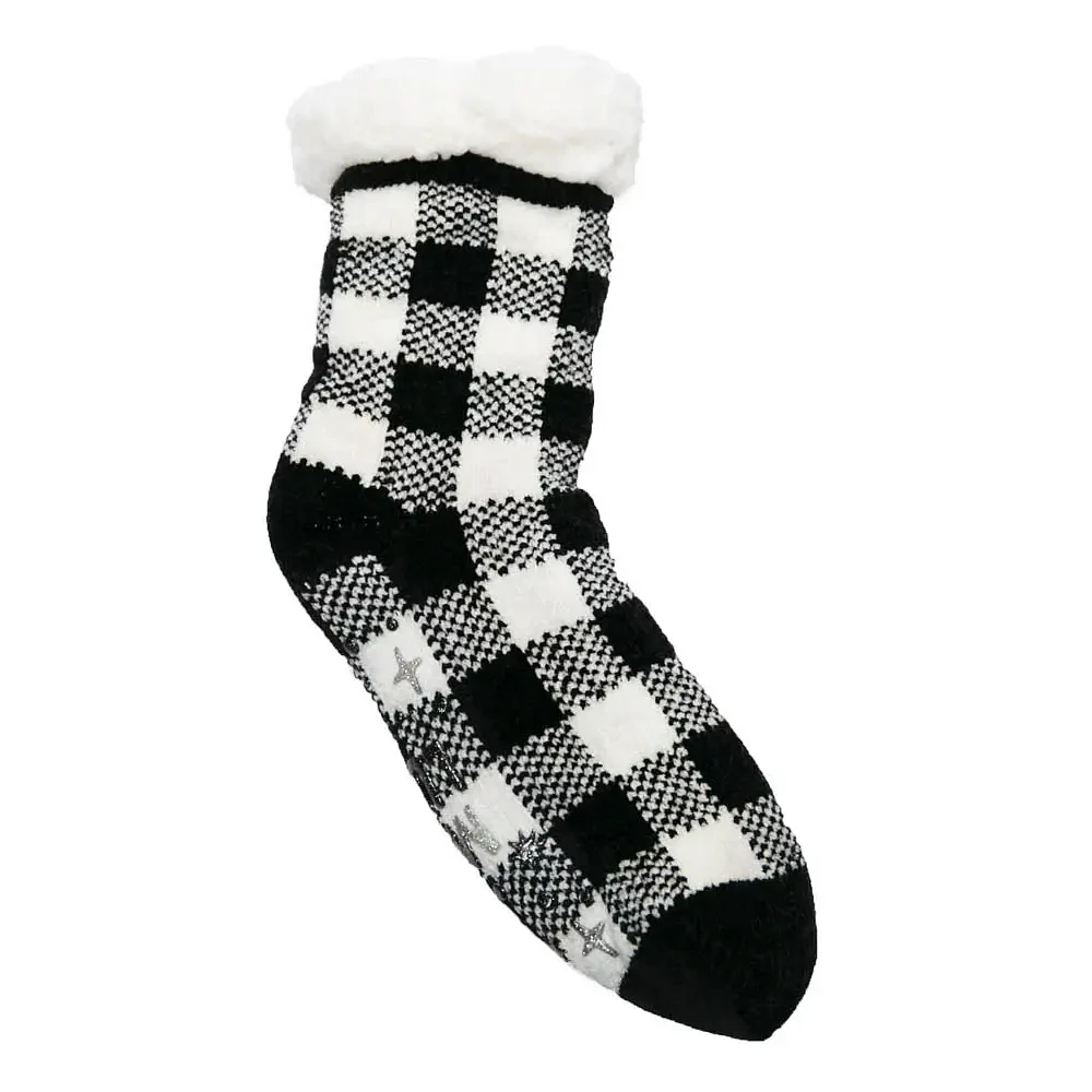TOP IT OFF - Slipper Sock - Black and White Plaid - One Size