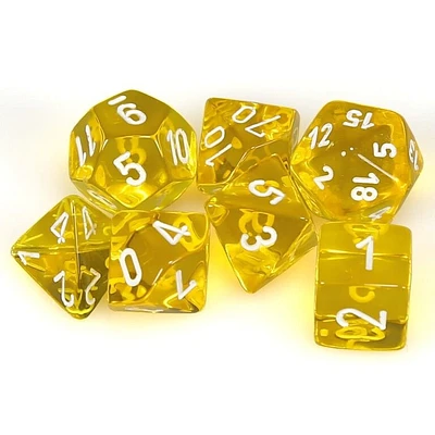7 dés polyédriques transparents jaune avec chiffres blancs