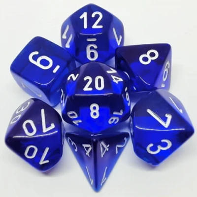 7 dés polyédriques transparents bleu avec chiffres blancs