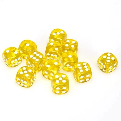 12 dés 6 16mm transparents jaune avec points blancs