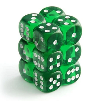 12 dés 6 16mm transparents vert avec points blancs