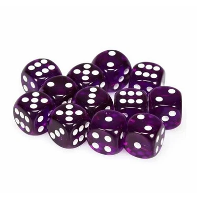 12 dés 6 16mm transparents violet avec points blancs