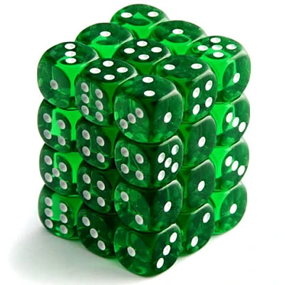 36 dés 6 12mm transparents vert avec points blancs