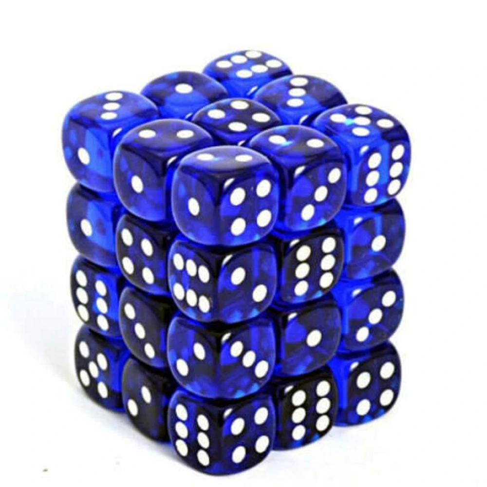 36 dés 6 12mm transparents bleu avec points blancs