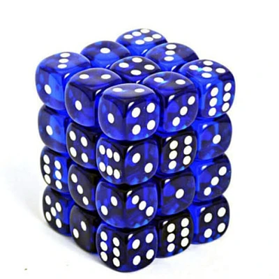36 dés 6 12mm transparents bleu avec points blancs