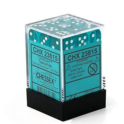 36 dés 6 12mm transparents sarcelle avec points blancs