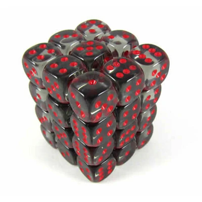 36 dés 6 12mm transparents fumée avec points rouges