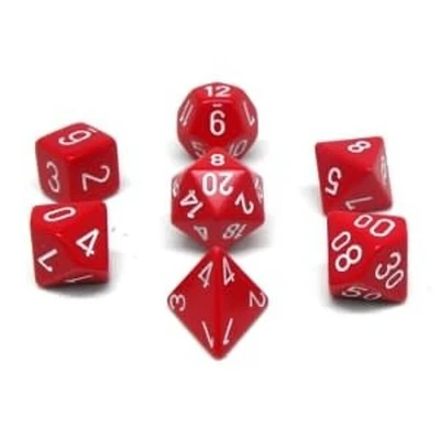 7 dés polyédriques opaques rouge avec chiffres blancs