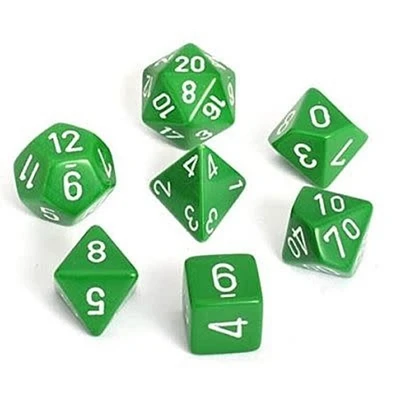7 dés polyédriques opaques vert avec chiffres blancs