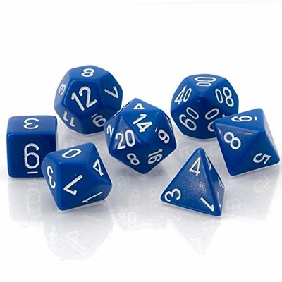 7 dés polyédriques opaques bleu avec chiffres blancs