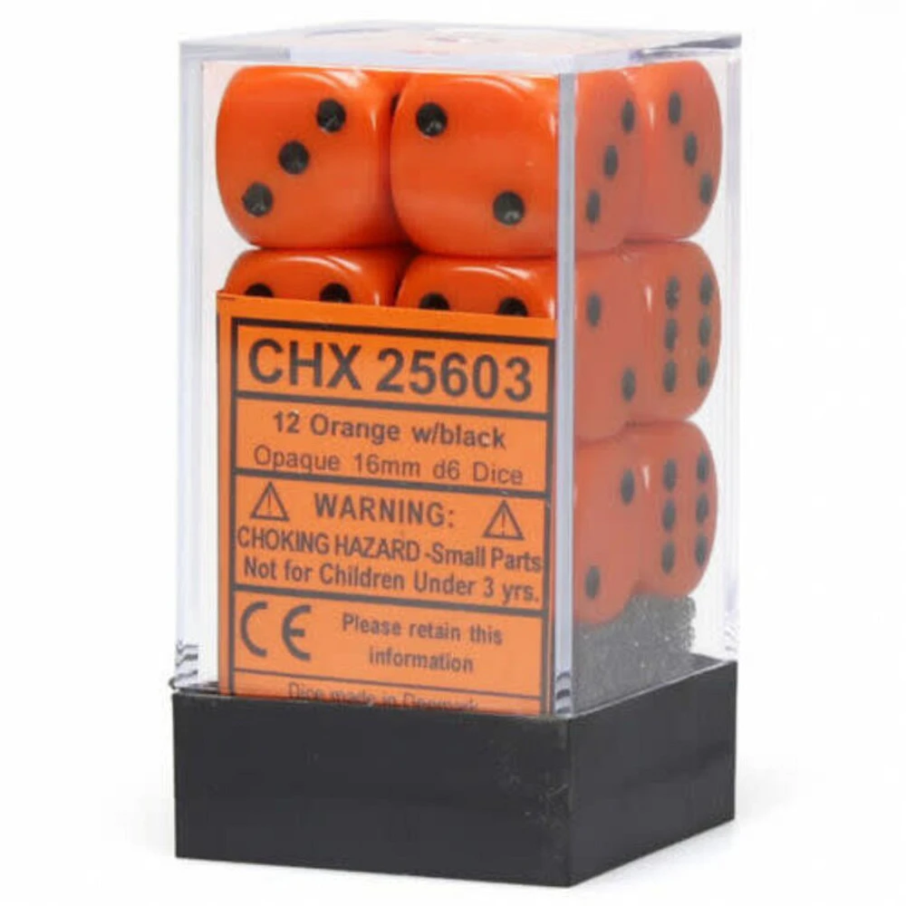 12 dés 6 16mm opaques orange avec points noirs