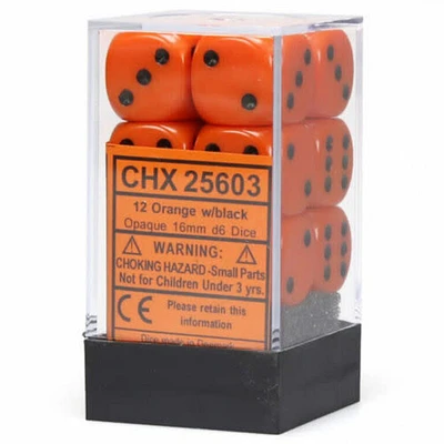 12 dés 6 16mm opaques orange avec points noirs