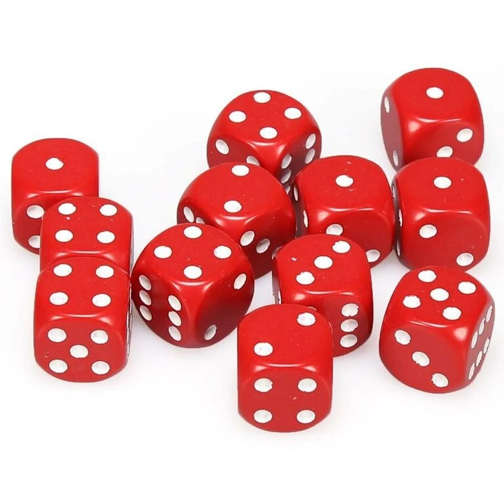 12 dés 6 16mm opaques rouge avec points blancs