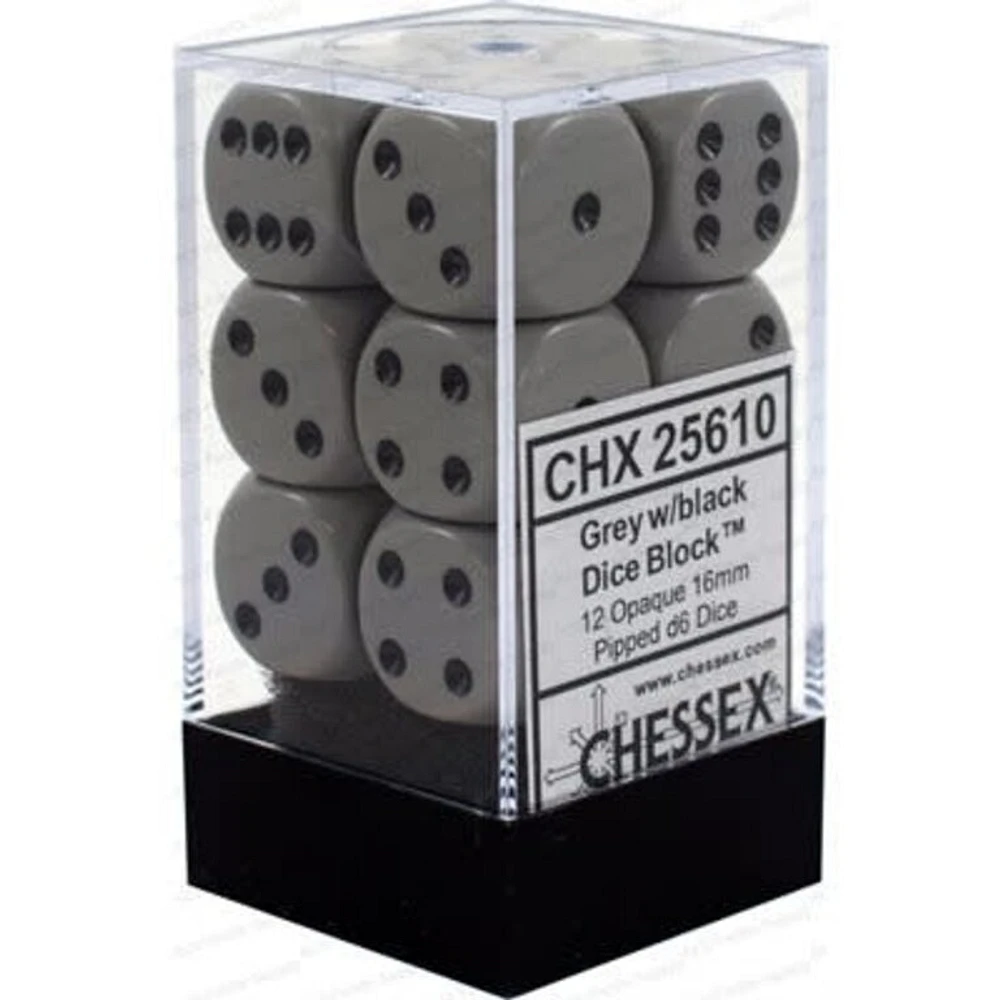 12 dés 6 16mm opaques gris avec points noirs