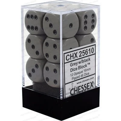 12 dés 6 16mm opaques gris avec points noirs