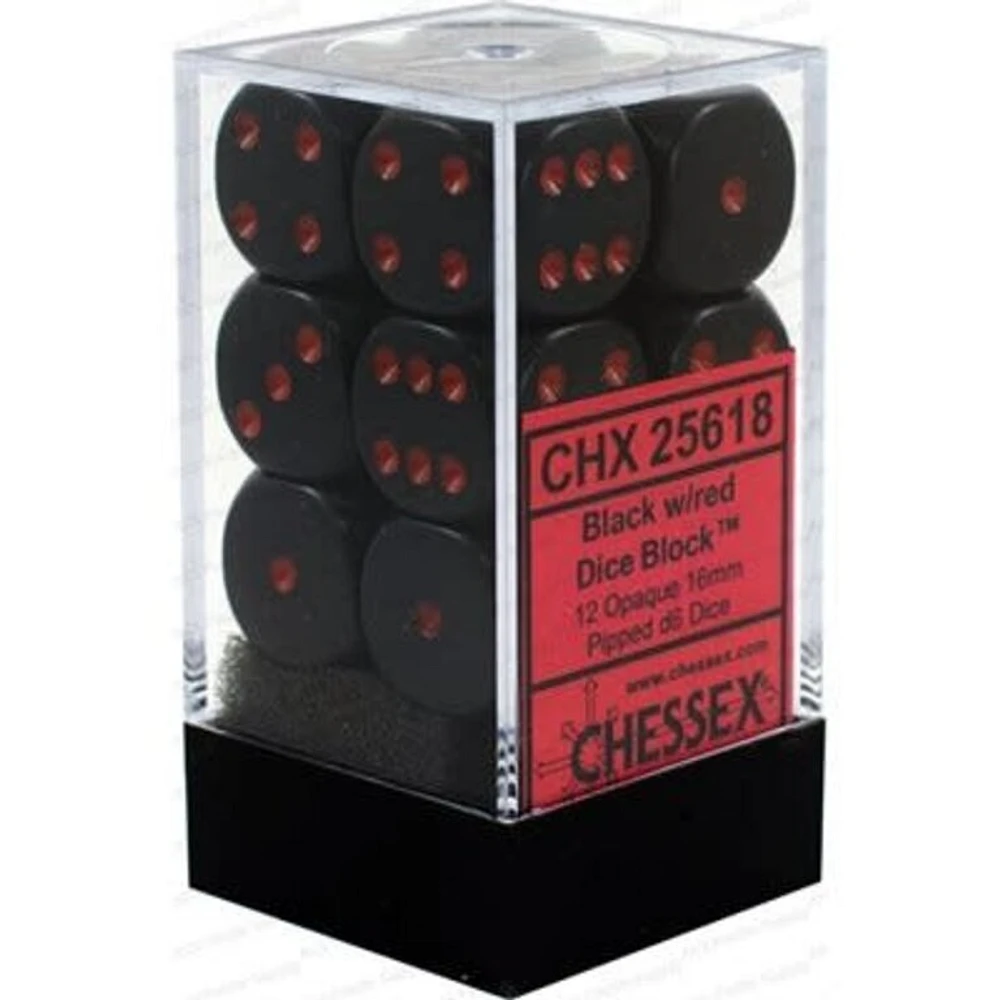 12 dés 6 16mm opaques noir avec points rouges