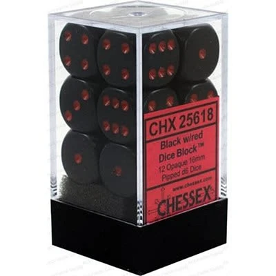12 dés 6 16mm opaques noir avec points rouges
