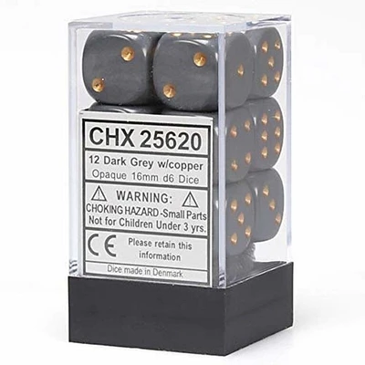 12 dés 6 16mm opaques gris foncé avec points cuivrés