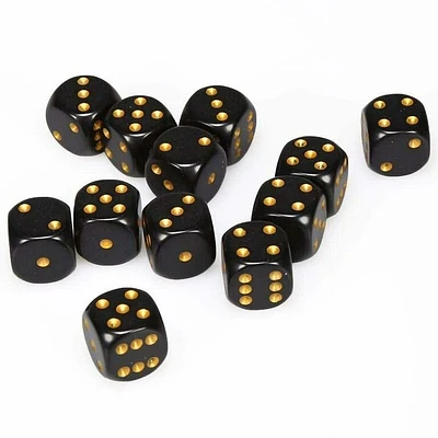 12 dés 6 16mm opaques noir avec points dorés