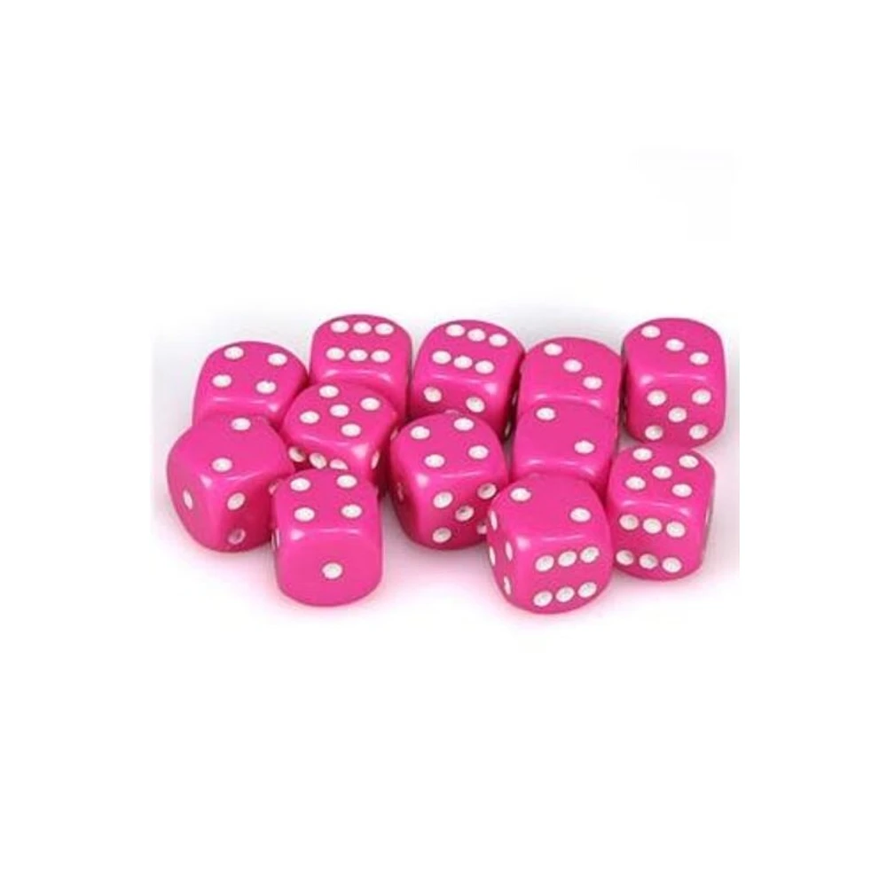 12 dés 6 16mm opaques roses avec picots blancs