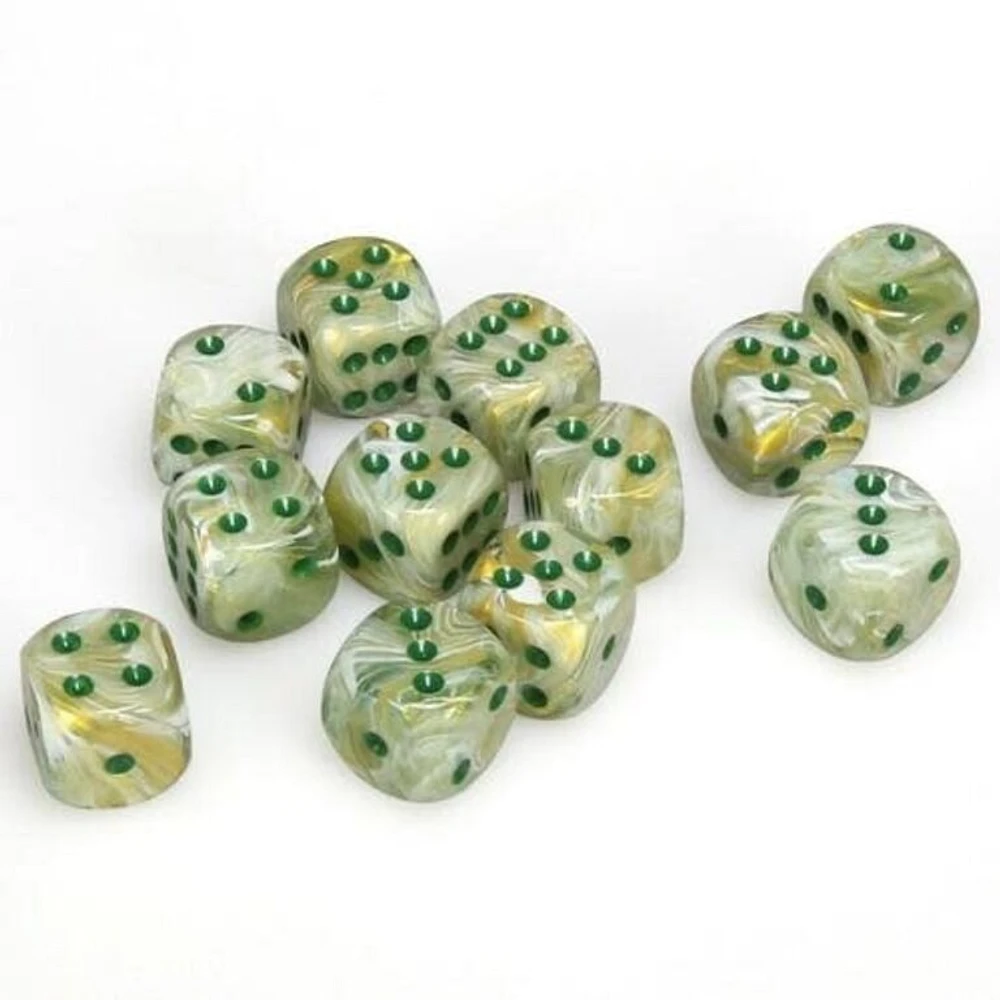 12 dés 6 16mm marbré vert avec points verts