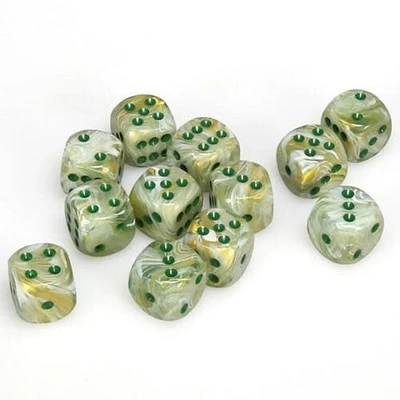 12 dés 6 16mm marbré vert avec points verts