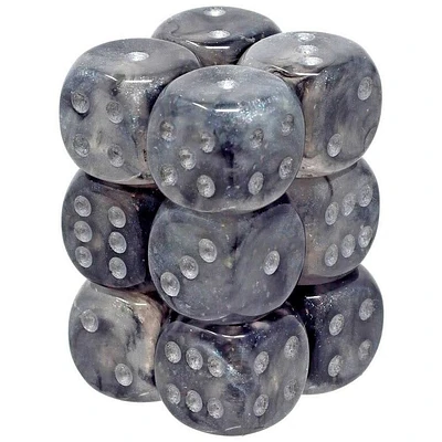 12 dés 6 16mm Borealis Luminary - Gris fumée avec picots argent